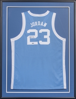 Michael Jordan Signed University of North Carolina Jersey In 33x43 Framed Display (UDA)